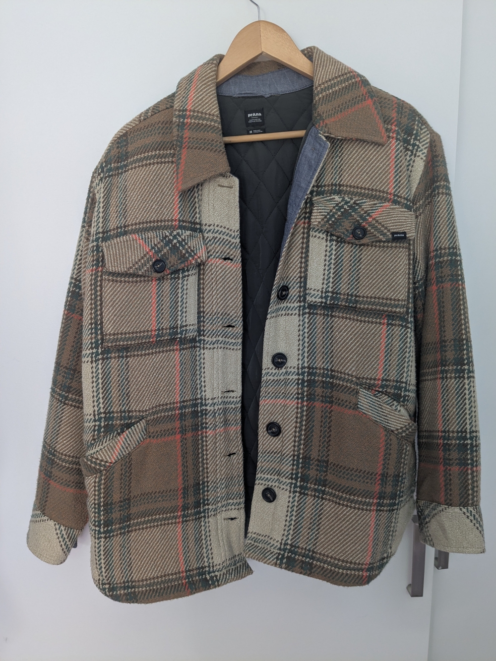 Prana Women's Plaid Shacket Jacket in Tan, Green and Cream Medium